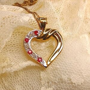 Gold and Silver Diamond and  Ruby's Heart Pendant Necklace on Italian Gld Chain